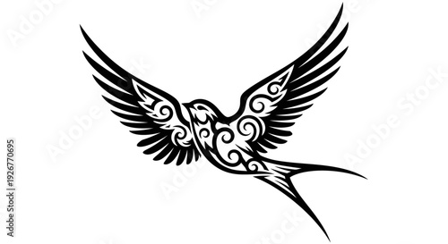 Black and white tribal bird with intricate designs in flight.