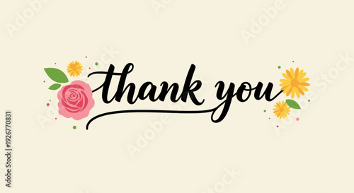 Elegant thank you message with floral decorations and soft background.