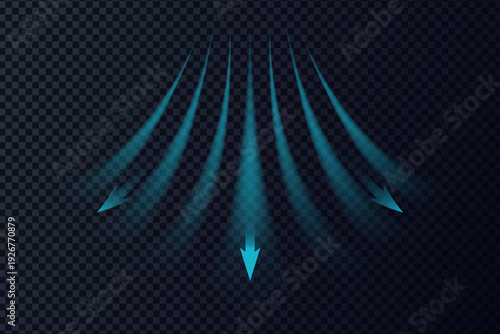 Dynamic air flow arrows, wind effect and conditioner airflow. Blue cold cool light streams with hot heat energy. Vector illustration.