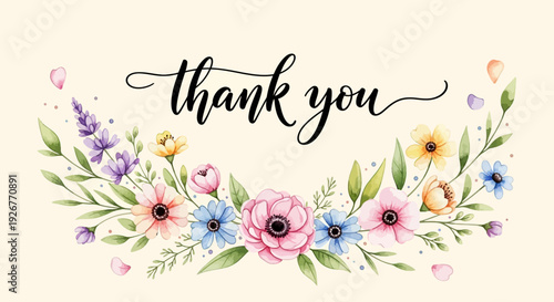 Watercolor floral wreath with thank you text in elegant script.