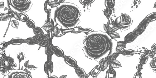 Seamless pattern with hand drawn roses and metal chains in a gritty punk rock gothic style vector illustration
