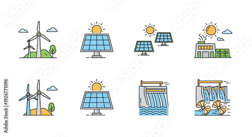 Solar Energy Icon Set Featuring Sun Panels Battery Storage and Inverter Symbols for Renewable Power Systems, Sustainable Electricity Solutions and Green Technology Infographics Vector Pack