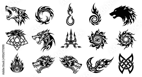Collection of black tribal wolf and flame designs on white background.