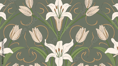 beautiful white lily flowers with green leaves on gray background