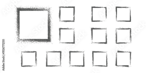 Set of black grunge square frames with spray paint and charcoal texture vector illustration for urban design elements