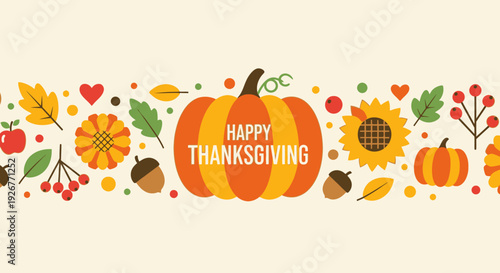 Vibrant Thanksgiving Illustration with Pumpkins and Fall Foliage.