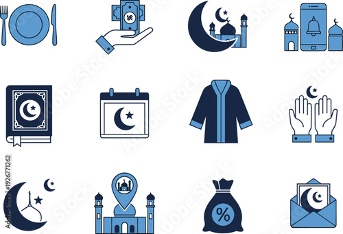 Islamic Ramadan Kareem Lifestyle Icon Set with Dual-Tone Digital UI Glyphs Detailed Eid Mubarak 1445 Coloring Pages and Hijri Calendar Planning Assets