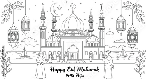 Islamic Educational Activity Bundle with Eid Mubarak 1445 Coloring Pages Moon Sighting Telescope Explorer and Ramadan Hijri Calendar Icon Set