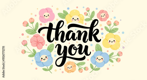 Colorful flowers surrounding thank you text on a cream background.