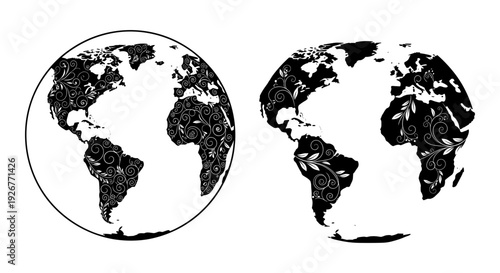 Two contrasting views of global landmass distribution and coverage on a circular projection map Vector, illustration