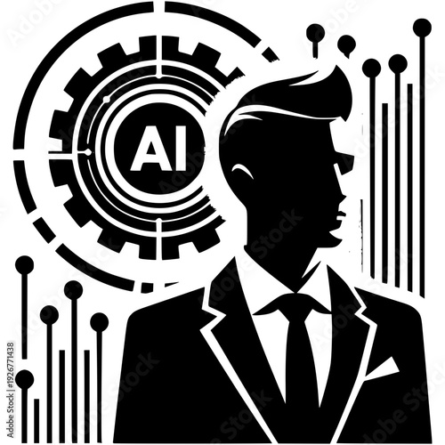 AI-Powered Executive: A striking silhouette of a confident executive, positioned in front of a futuristic AI-themed backdrop, embodying innovation and technological advancement.