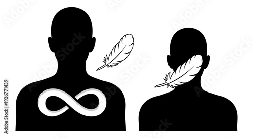 Dual silhouettes with infinity symbol and feather motifs in contrasting styles Vector, illustration