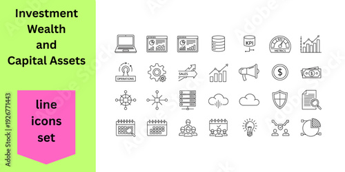 Financial analysis and strategic planning business interface elements. Shield security, magnifying glass, document search, calendar, networking