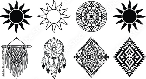 Set of black and white bohemian style icons including tribal sun symbols mandala circles dreamcatcher and macrame wall hanging isolated on white background
