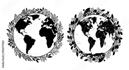 Antique illustration of two globes encircled by ornate laurel wreaths Vector, illustration