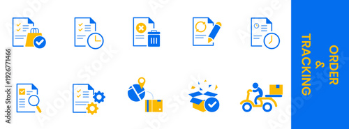 Flat icon set for order and tracking processes including purchase confirmation, delivery status, cancellation, edit order, schedule, location tracking, package verification, and courier service.