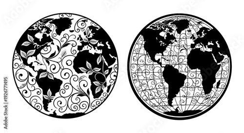Contrasting ancient and modern world map designs in circular formats Vector, illustration
