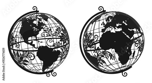 Historical globes depicting early geographical knowledge and cartography techniques Vector, illustration