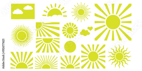 Collection of lime green sun icons and sunburst patterns for summer weather and energy design concepts vector illustration