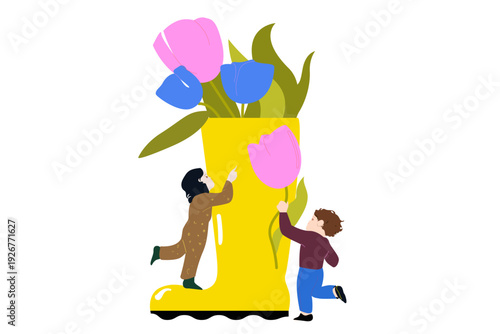 Children near a big yellow shoe filled with tulips, celebrating spring holidays and Mother’s Day with bright colors and joyful атмосhere.