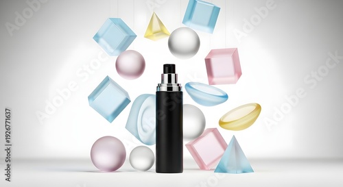 A sleek black bottle stands amidst colorful floating geometric shapes and spheres on a white surface.