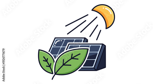Solar panel harnessing sunlight with green leaves symbolizing renewable energy and sustainability Vector, illustration