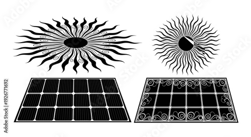 Visualization of solar panel efficiency and sunburst patterns affecting photovoltaic surfaces Vector, illustration