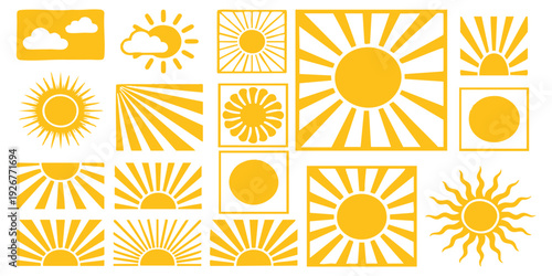 Collection of yellow sun icons and sunburst patterns featuring rays and clouds in a minimalist flat vector illustration style