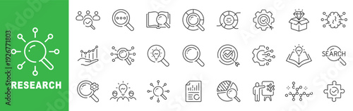 Research icon set featuring data analysis, market investigation, scientific study, search magnifier, analytics charts, outline line icons with editable stroke vector.
