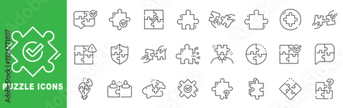 Puzzle icon set featuring jigsaw pieces, problem solving, teamwork collaboration, business strategy concepts, outline line icons with editable stroke vector.