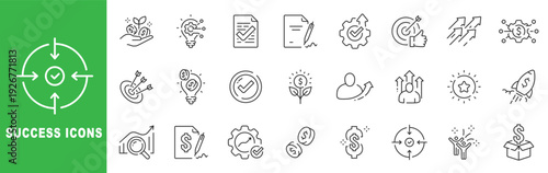 Success icon set featuring business growth, financial achievement, target goals, startup launch, outline line icons with editable stroke vector.