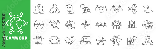 Teamwork icon set featuring collaboration, communication, business partnership, global networking, and team building concepts in outline line style with editable stroke.