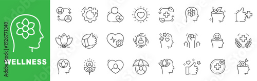 Wellness icon set featuring mindfulness, mental health, self care, emotional balance, holistic healing concepts in outline line style with editable stroke vector.