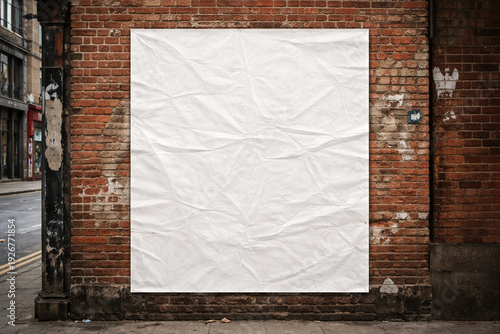 Blank white wrinkled poster mockup glued to a rough red brick wall in an urban street scene.