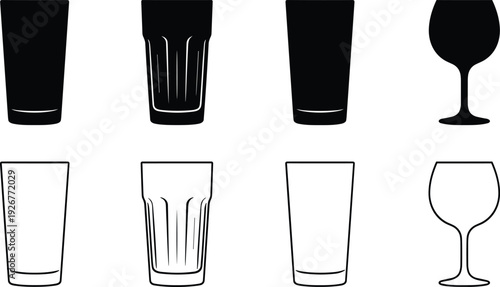 Set of Drinking Glass Icons Including Highball Pint and Wine Glass Silhouettes and Outlines Isolated on White Background for Bar Restaurant and Kitchen Design
