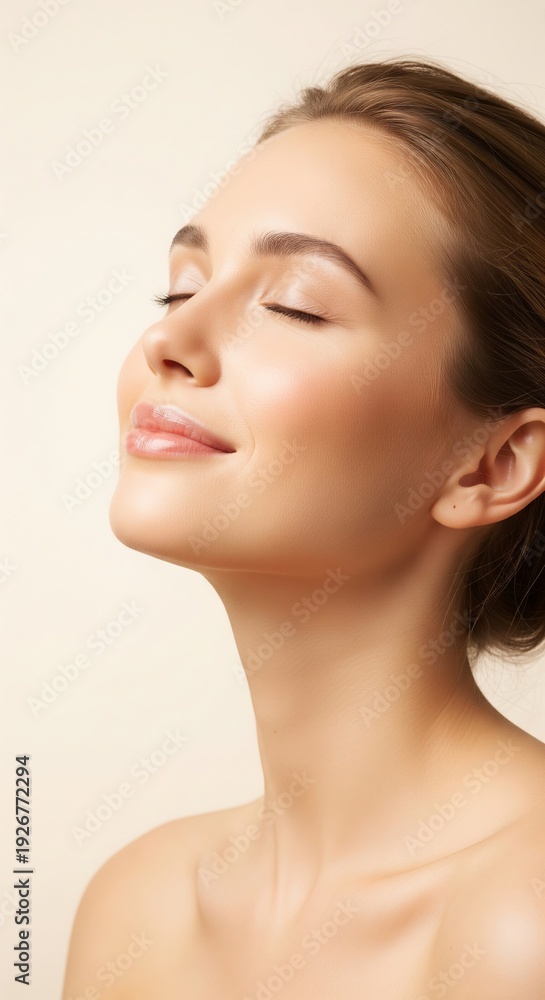 Naklejka premium Captivating portrait of a serene young woman with closed eyes and a gentle smile, highlighting her flawlessly radiant and healthy skin, embodying a moment of pure tranquility and natural beauty