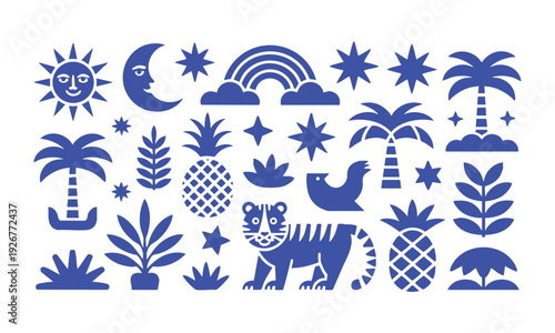 Abstract tropical folk decorative shapes and icons with animals plants sun and moon vector illustration, easily editable.