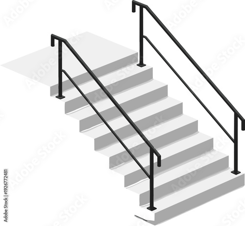 Concrete Staircase with Metal Handrails Isometric Illustration Showing Building Entrance Steps for Architecture, Accessibility, and Urban Vector Design