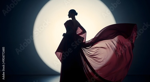 Woman in elegant dress dancing under a bright full moon at night.