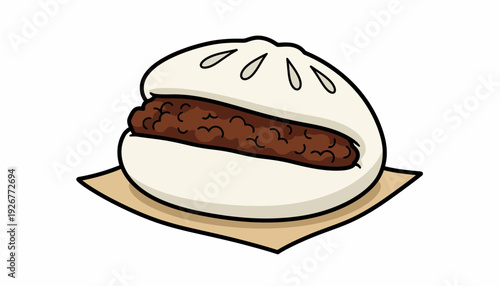 Hand-drawn illustration of a classic steamed bun filled with flavorful meat, a popular Asian delicacy