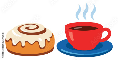 Cartoon style breakfast elements set featuring a cinnamon roll and a steaming coffee cup for bakery and cafe themed designs