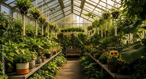 Exploring the interior of a large greenhouse filled with various Plants and flowers on shelves