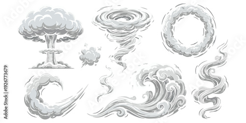 Collection of cartoon smoke clouds and explosion effects including mushroom cloud tornado and smoke rings vector illustration set
