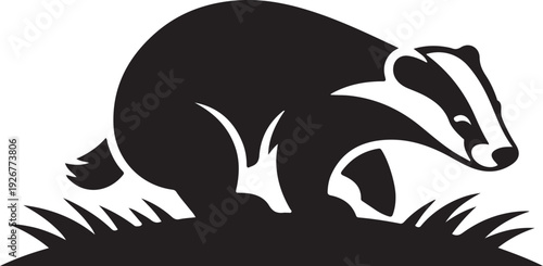 Minimalist Black and White Badger Illustration on Green Grass Vector