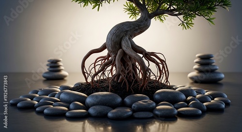 Serene bonsai tree with intricate exposed roots surrounded by dark pebbles and zen stacked stones, creating a peaceful, balanced atmosphere.