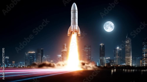 Rocket launching over city at night under full moon