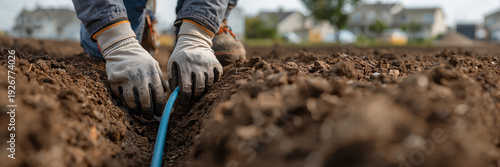 A worker's gloved hands lay a fiber optic cable in the ground