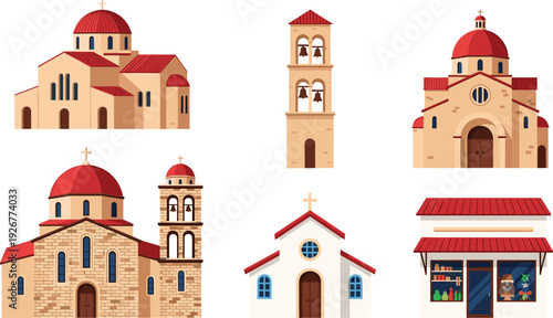 Tableau sur toile Christian Church Building Icon Set with Cathedral, Chapel, Bell Tower and Religi