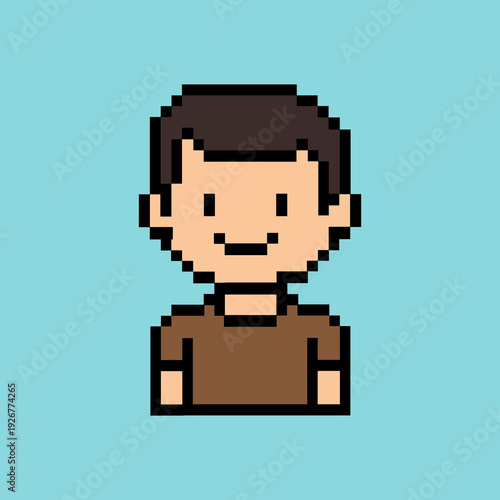 Cute pixel boy avatar featuring short brown hair and simple smiling expression in retro 8 bit style. Minimal pixel character portrait with casual t shirt outfit on soft teal background