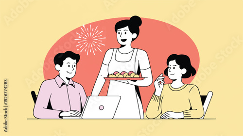 cartoon people eating and using laptop computer together at restaurant table